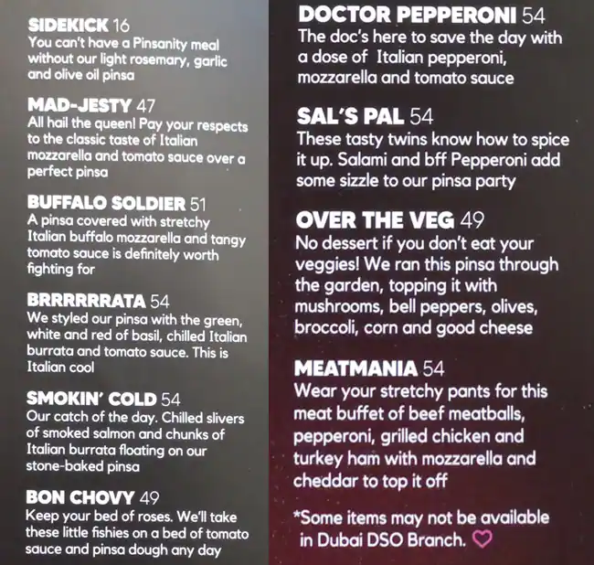 PINSANITY Menu in New Dubai 