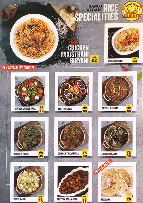 Faruj Albaik Restaurant Menu in Naif, Dubai 