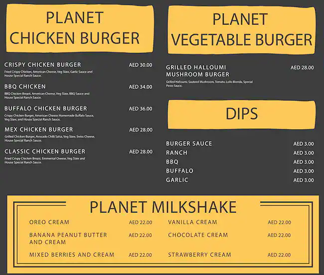 The Planet Burger Menu in Satwa Area 