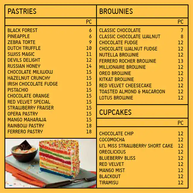 Brownie Point Cakes and Confectioners Menu 