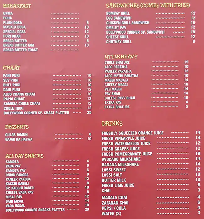 Bollywood Corner Menu in Cluster B, Jumeirah Lake Towers, Dubai 