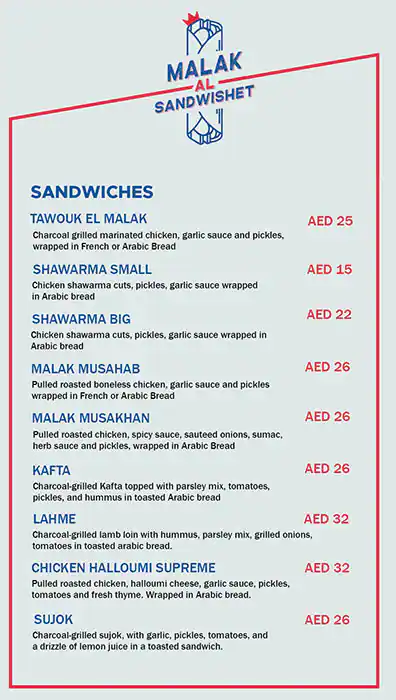 Malak Al Sandwishet Menu in Barsha 