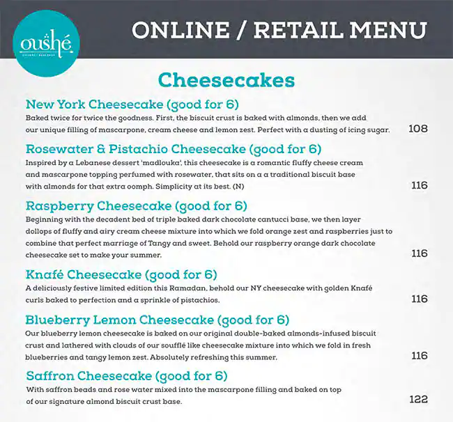 Oushe Gourmet Bakeshop Menu in Al Barari, Dubai 