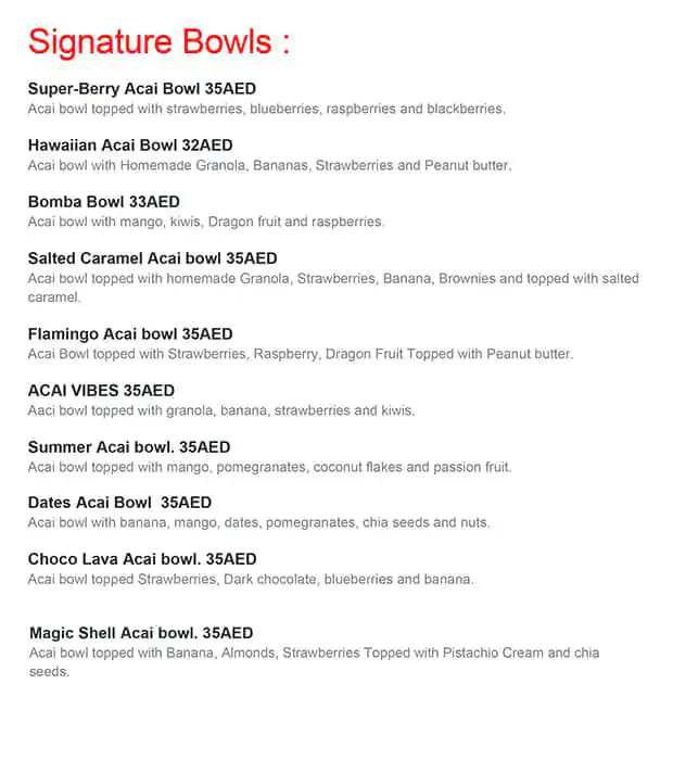 Acai Zone Menu in New Dubai 