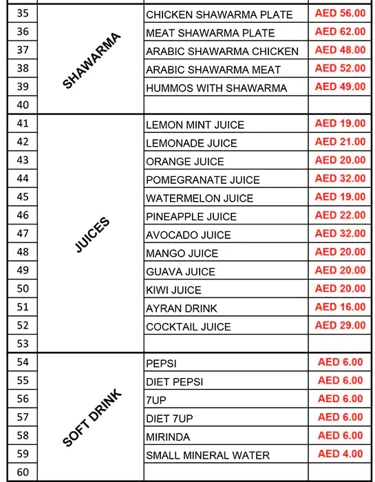 Syrian Grills Restaurant Menu in Jumeirah 