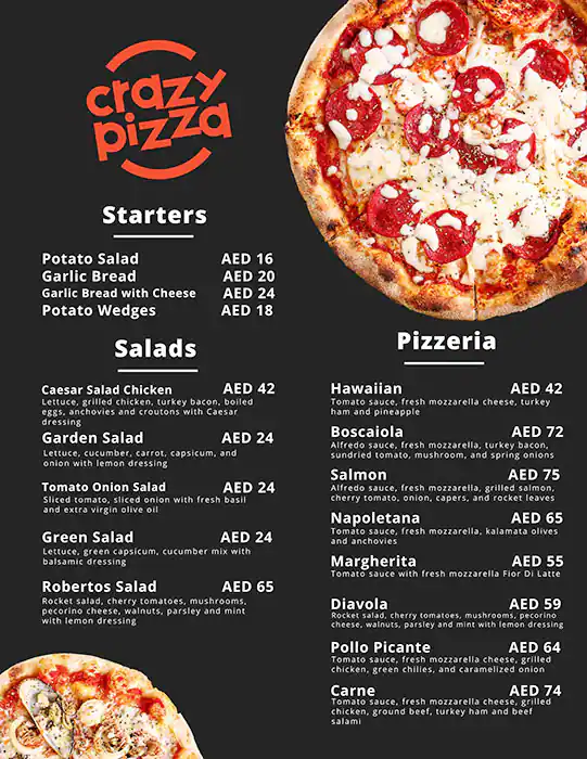 Crazy Pizza Menu in Jumeirah 