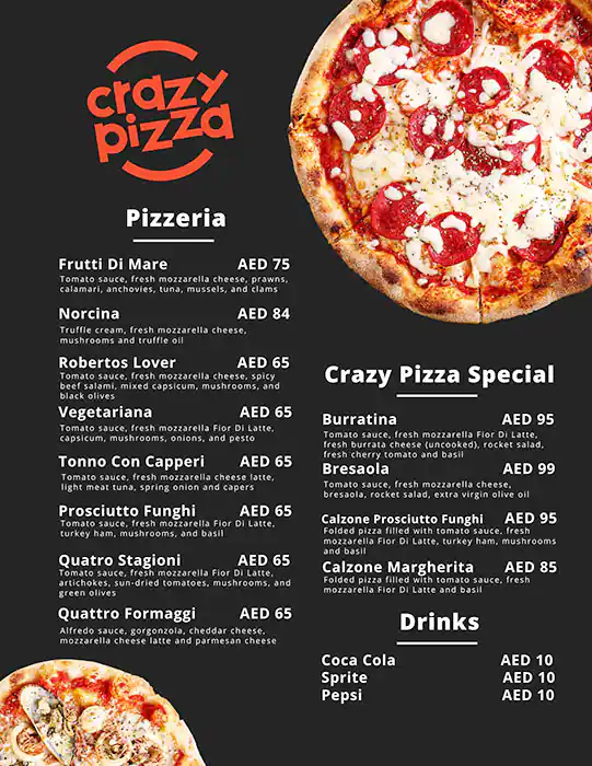 Crazy Pizza Menu in Jumeirah 