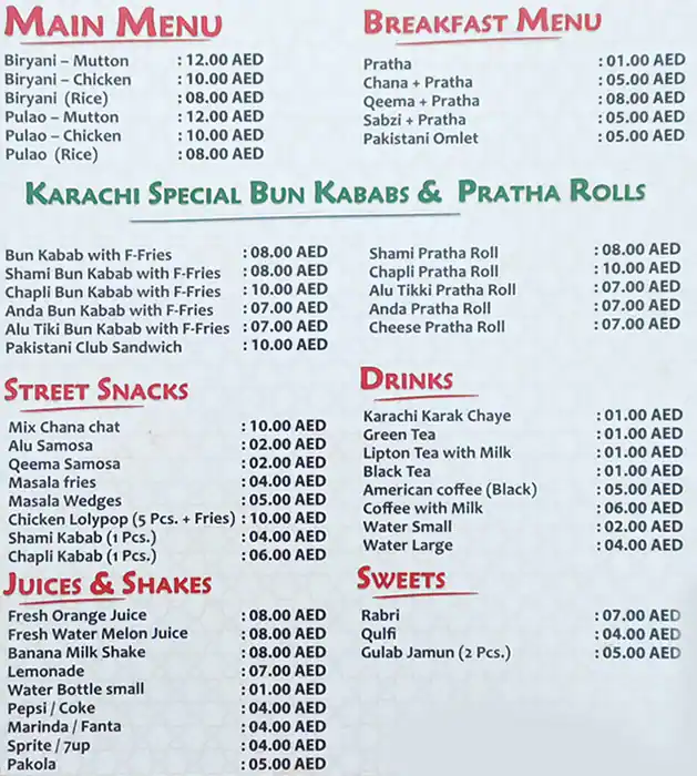 Malik Bun Kabab & Biryani Menu 