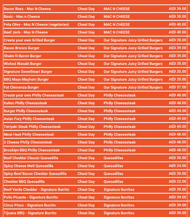 CHEAT DAY Menu in Burj Khalifa Area 