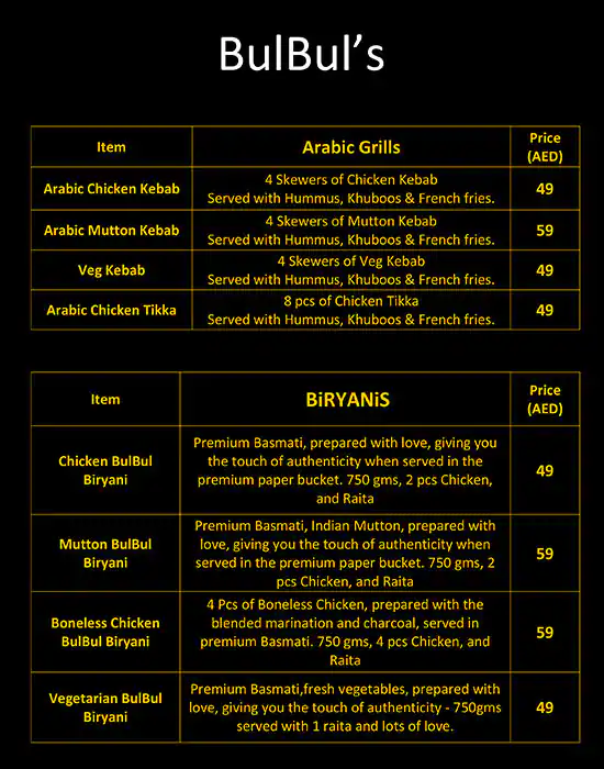 BulBul Restaurant Menu in Bur Dubai 