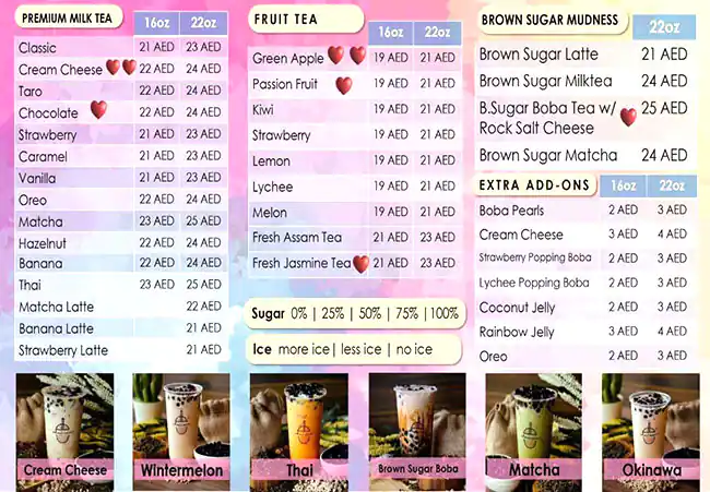 Chaiwan Boba Tea Shop Menu in Burj Khalifa Area 