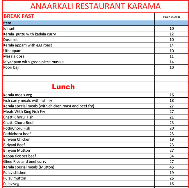 Anaarkali Restaurant Menu in Al Karama, Dubai 