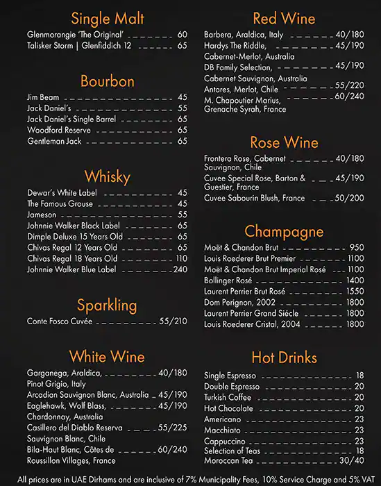 Moroc Lounge & Bar - Oaks Hotel Ibn Battuta Gate Dubai Menu 