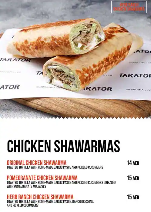 Tarator - Shawarma Wraps & Bowls Menu 