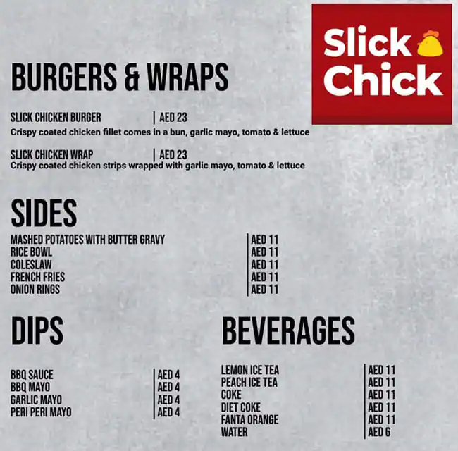 Slick Chick Menu in Burj Khalifa Area 