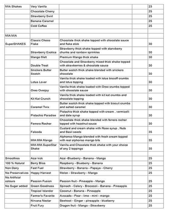 MIA MIA Cafe Menu in Dubailand 