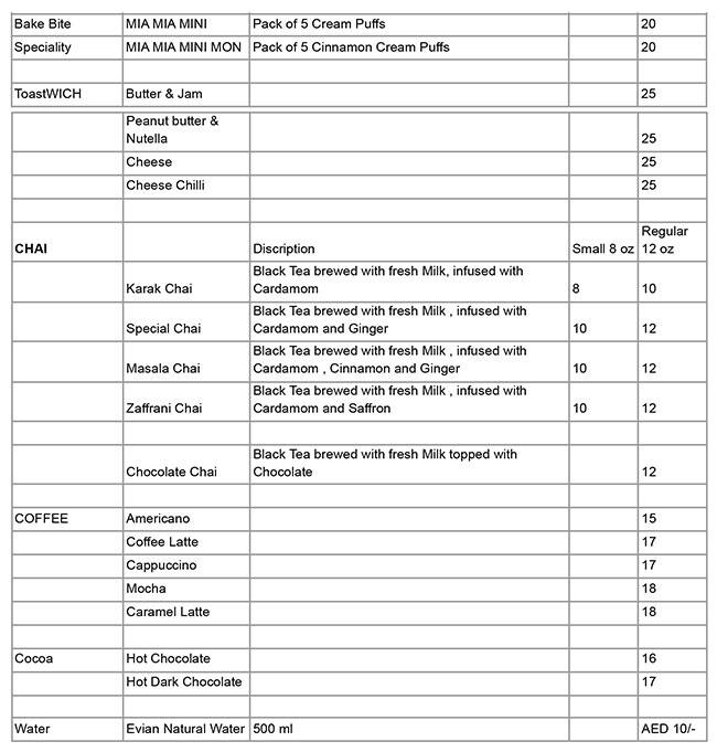 MIA MIA Cafe Menu in Dubailand 