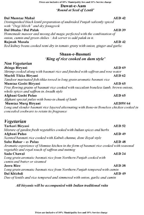 Mumtaz Mahal - Arabian Courtyard Hotel and Spa Menu 