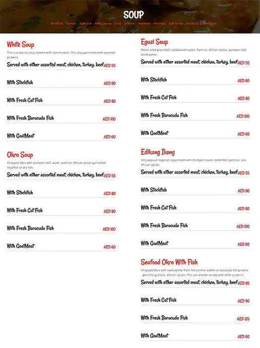 Calabar Aroma Menu in Emirates Financial Towers, DIFC, Dubai 