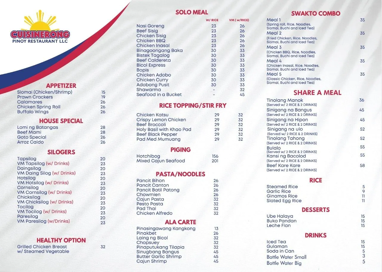 Cuisinerong Pinoy Restaurant Menu 