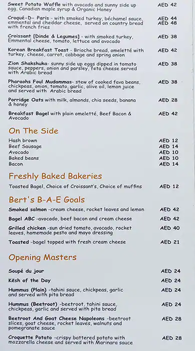 Bert's Cafe Menu in The Greens, Dubai 