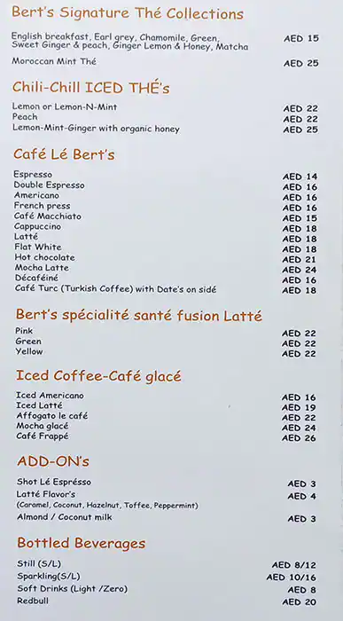 Bert's Cafe Menu in The Greens, Dubai 