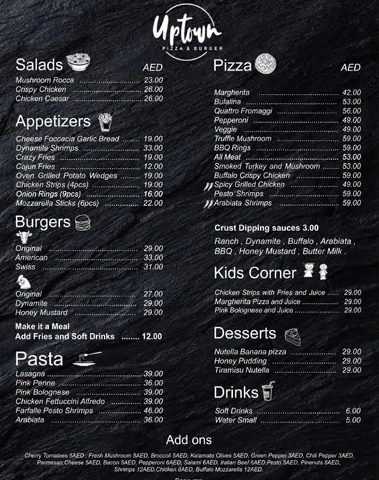 UpTown Pizza & Burger Menu in Mirdif, Dubai 