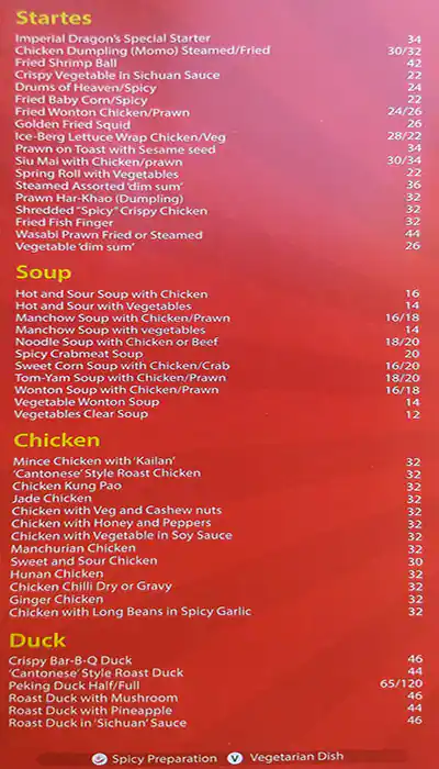 Calcutta Imperial Dragon Restaurant - مطعم إمبيريال دراجن Menu 