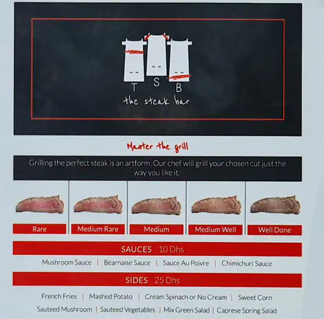 The Steak Bar Menu in DIFC, Dubai 