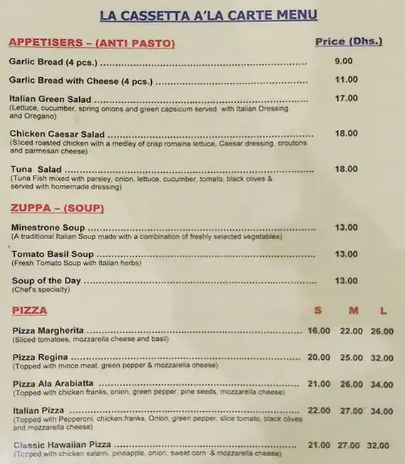 La Cassetta Menu in Al Nasr Leisureland, Oud Metha, Dubai 