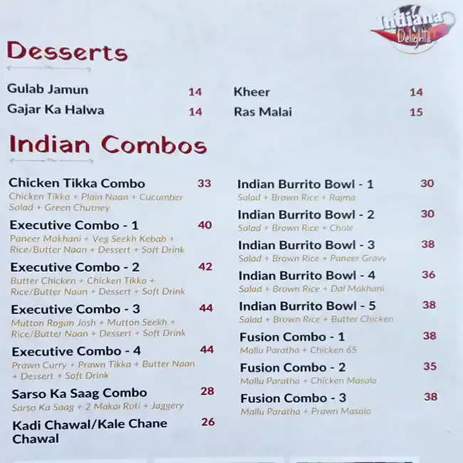 Indiana Delights - انديانا ديلايتس Menu 