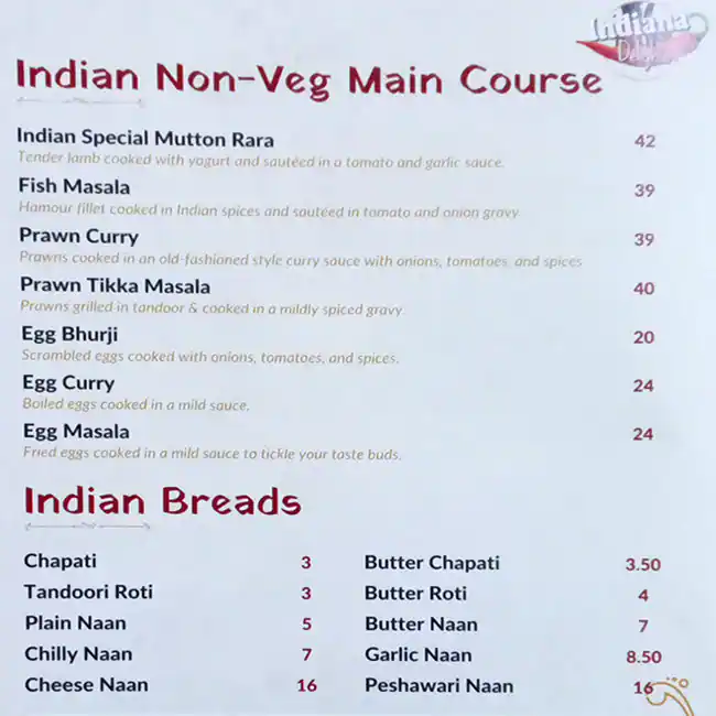 Indiana Delights - انديانا ديلايتس Menu 