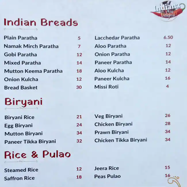 Indiana Delights - انديانا ديلايتس Menu 