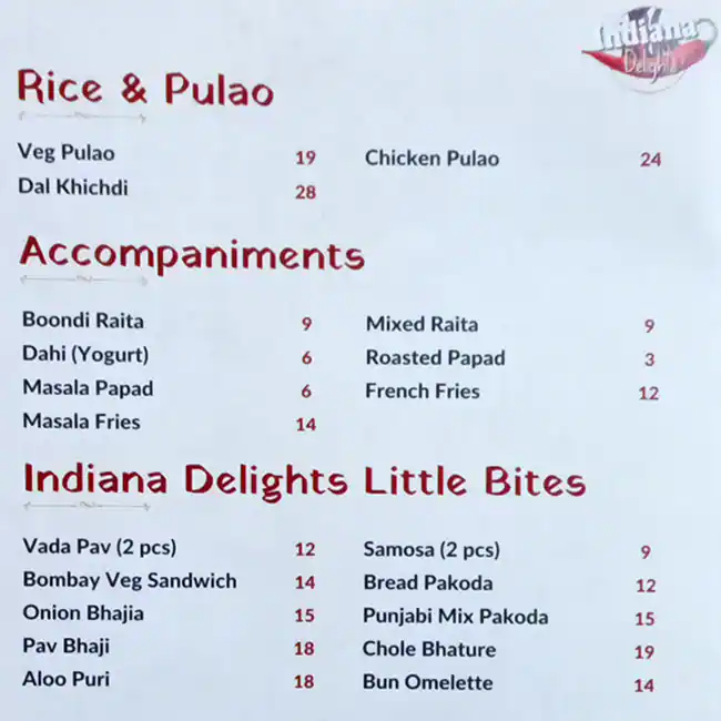 Indiana Delights - انديانا ديلايتس Menu 