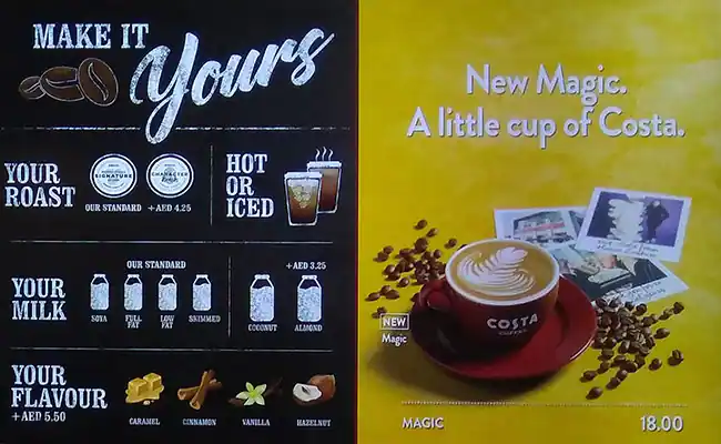 Costa Coffee Menu in Palm Jumeirah, Dubai 