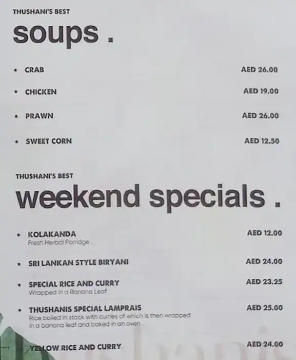 Thushanis Menu in Discovery Gardens, Dubai 