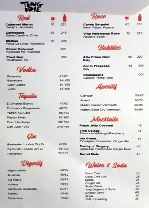 Ting Irie - Manzil Downtown Dubai Menu 